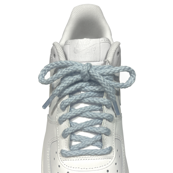 Looped Laces light blue braided rope shoelaces tied in white Nike Air Force 1 sneaker