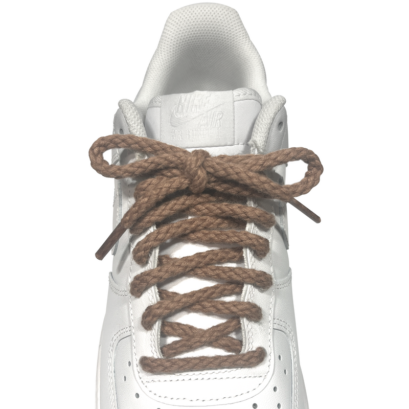 Looped Laces light brown braided rope shoelaces tied in white Nike Air Force 1 sneaker