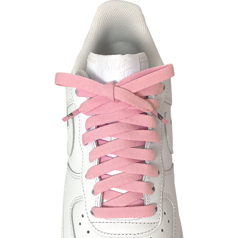 Looped Laces Cactus Pink light pink flat shoelaces tied in white Nike Air Force 1 Low