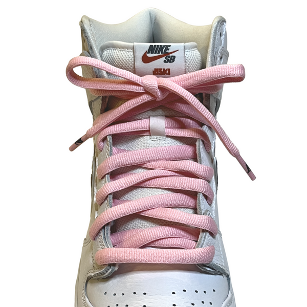 Looped Laces Cactus Pink oval shoelaces tied in white Oski Nike SB Dunk High with shark swoosh