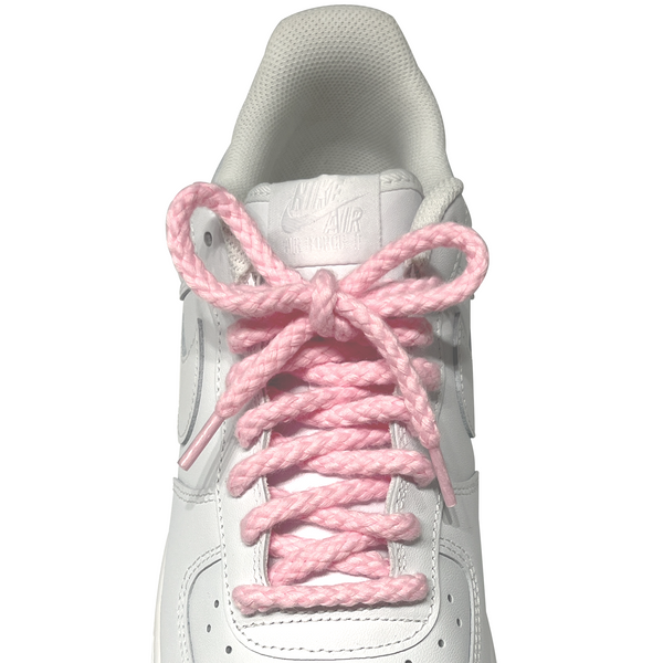 Looped Laces light pink thick braided rope shoelaces tied in white Nike Air Force 1 Low
