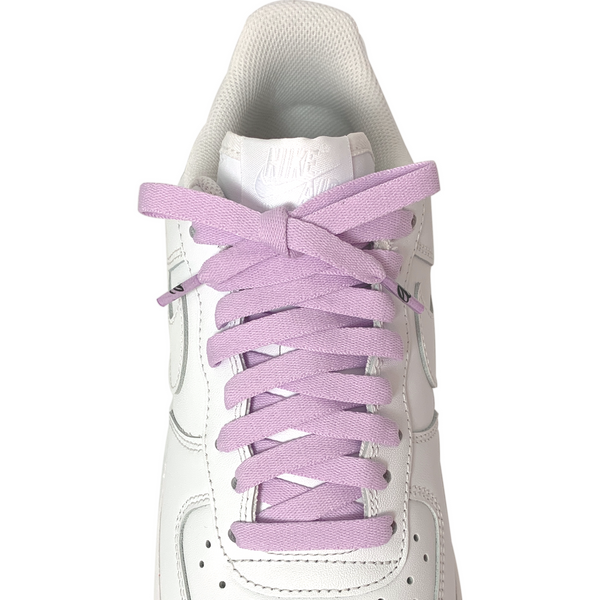 Looped Laces Taro Bubble Tea light purple flat shoelaces tied in white Nike Air Force 1 Low