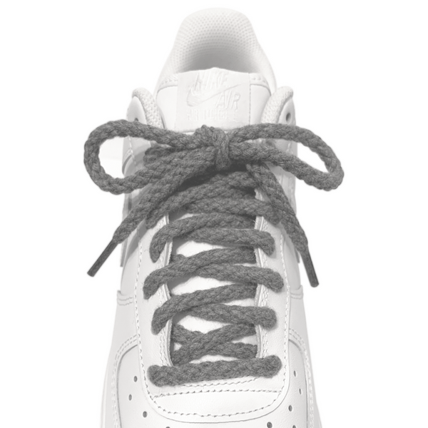 Looped Laces Medium Grey braided rope shoelaces tied in white Nike Air Force sneaker