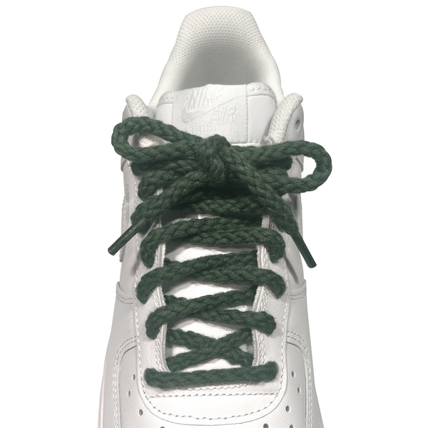 Looped Laces olive green braided rope shoelaces tied in white Nike Air Force 1 sneaker