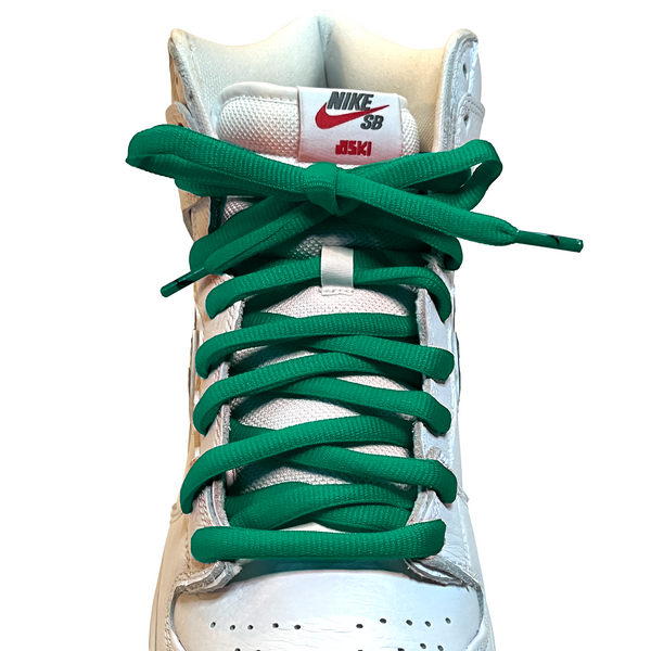 Looped Laces Pine Green oval shoelaces tied in white Oski Nike SB Dunk High with shark swoosh