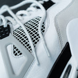 Looped Laces Classic White Rope laces in Air Jordan 4 Military sneaker close up on lace tips - aglets
