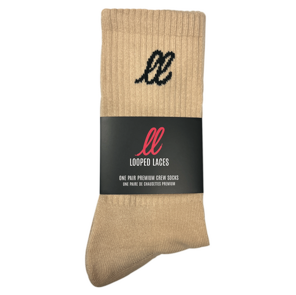 Looped Laces  Soft Sand tan Nike style crew socks in brand packaging