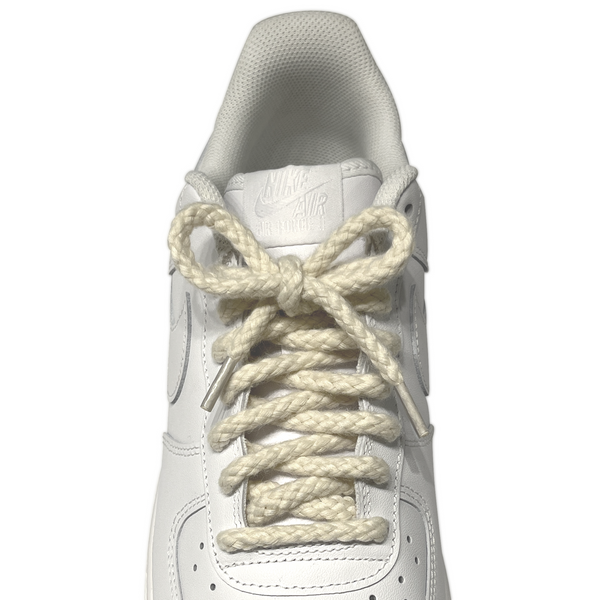 Looped Laces thick braided rope cream shoelaces tied in white Nike Air Force 1 Low