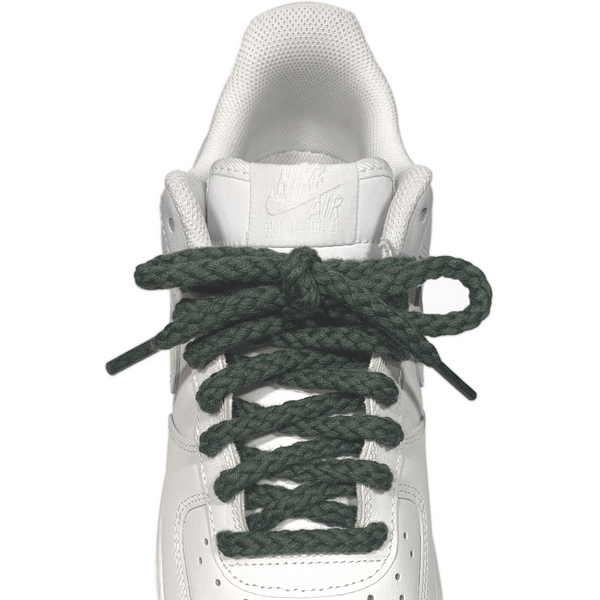 Looped Laces olive green thick braided rope shoelaces tied in white Nike Air Force 1 Low