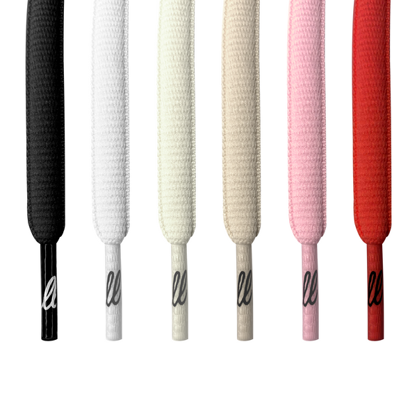 Looped Laces bundle with thick oval shoelaces hanging in color order: black, white, bright cream, sail, light pink, red