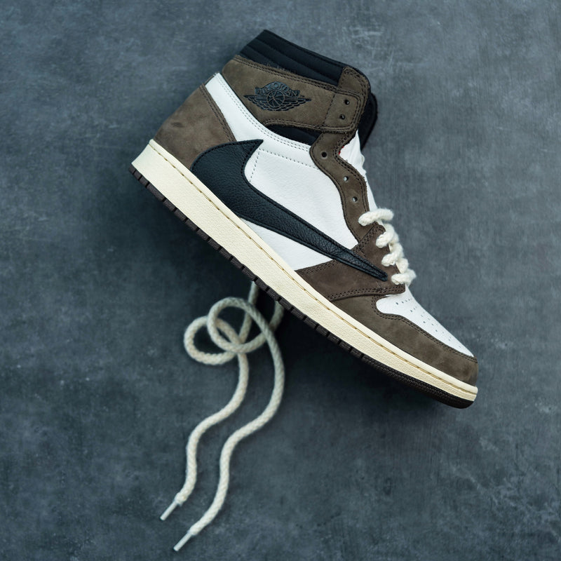 Looped Laces thick rope natural shoelaces in Air Jordan 1 High x Travis Scott Mocha sneaker