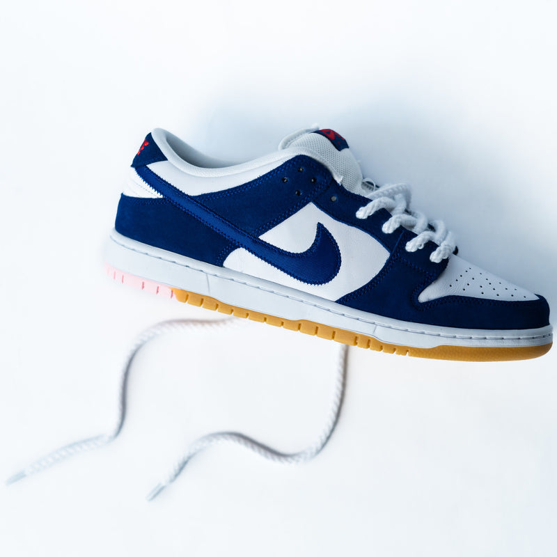 Looped Laces White thick rope shoelaces in Nike Dunk Low Dodgers sneaker