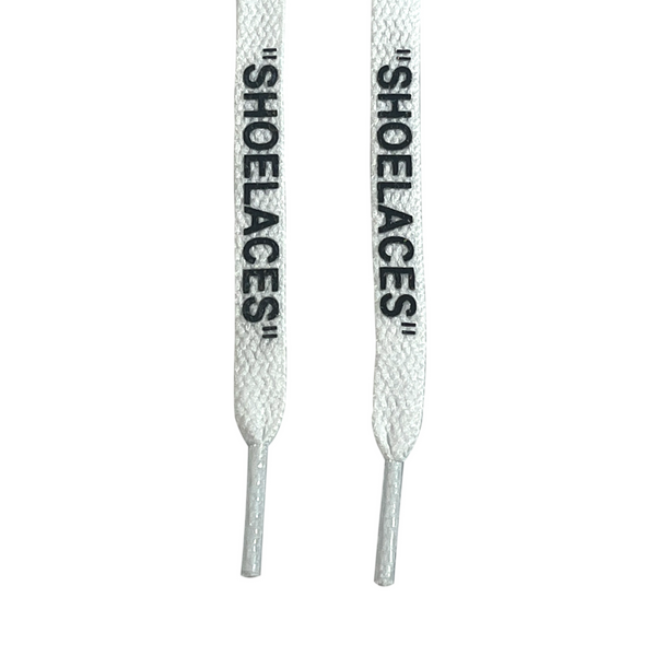 Looped Laces white flat shoelaces in quotes hanging