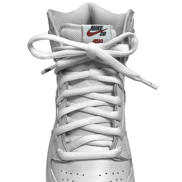  Looped Laces OG White oval shoelaces tied in white Oski Nike SB Dunk High with shark swoosh
