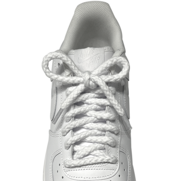 Looped Laces white thick braided rope shoelaces tied in white Nike Air Force 1 Low