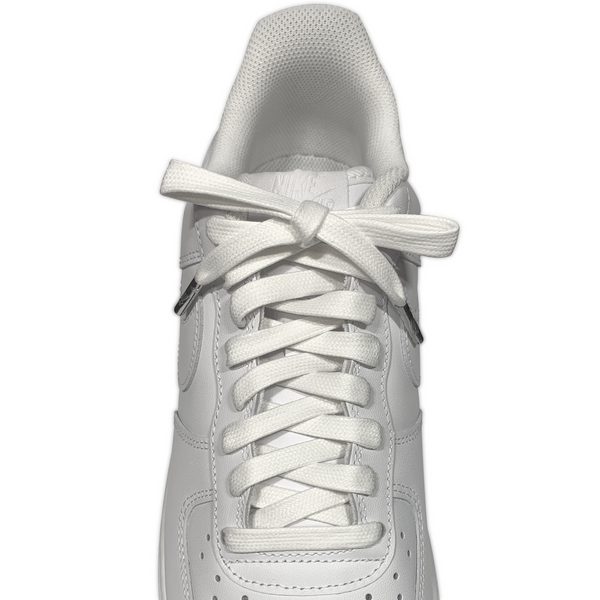 Looped Laces white waxed shoelaces tied in white Nike Air Force 1 sneaker