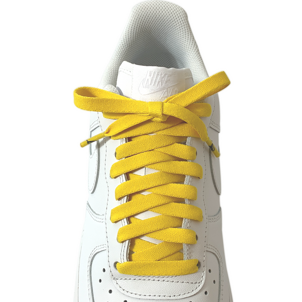 Looped Laces Starlight yellow flat shoelaces tied in white Nike Air Force 1 Low